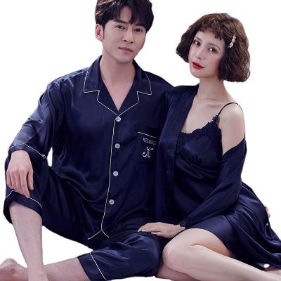 China QUICK DRY ice silk long sleeve couple pajamas women's sleepwear slip dress long robe and men's pajamas for sale