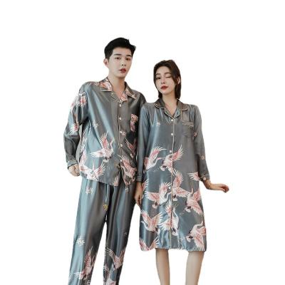 China QUICK DRY new design long sleeve couples and lover's pajamas ice silk women's night skirt and men's sleepwear for sale