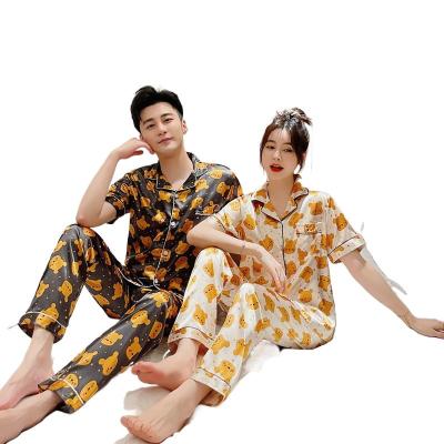 China New design QUICK DRY short sleeve couples lover's pajamas ice silk sleepwear for women and men for sale