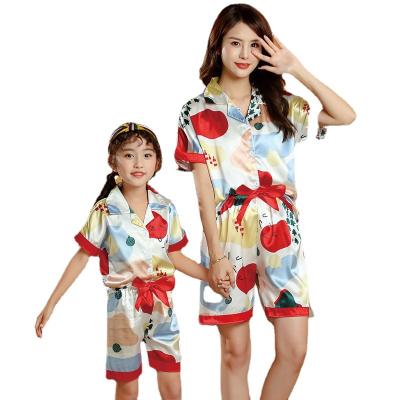 China New Design Shortsleeve Satin Family Pajamas Sleepwear QUICK DRY Silk Women and Kids Pajamas for sale