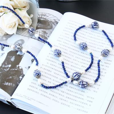 China Luxury BOHEMIA Sea Blue Natural Stone Bead Beads Necklaces Porcelain Flower Pattern Jewelry Necklace Gift Blue White Women Bracelets for sale