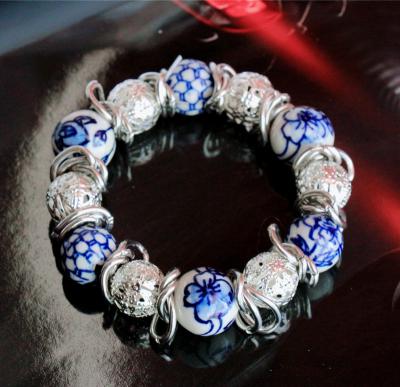 China CLASSIC Silver Metal Blue White Color Porcelain Flower Pattern Bangle Jewelry For Gift for sale