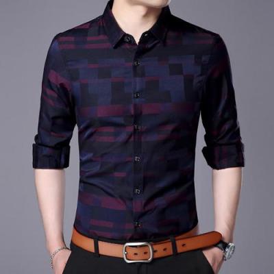 China New Breathable Shirt Acrylic And Cotton Long Sleeve Men's Slim Fit Dress Shirts Printed Plaid 302129 for sale