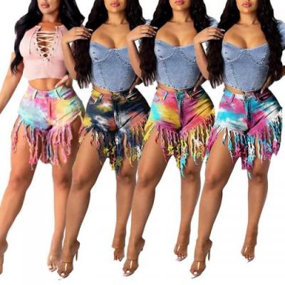 China 661057 Summer Casual Tassels Breathable High Waist Women Tie Dye Shorts for sale