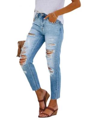 China Breathable Mid Waist Ripped Womens Jeans Blue Nine Point Pants Wholesale for sale