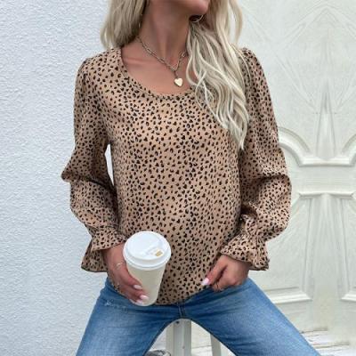 China Breathable Casual Clothes 2021 Women Long Sleeve Blouses Leopard Print Khaki for sale