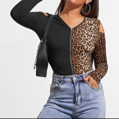 China Breathable Leopard Print Color Women Long Sleeve T-Shirt Off Shoulder Contrast Color for sale