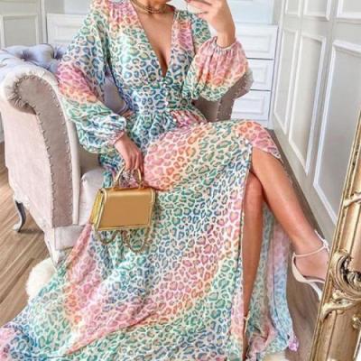 China Elegant Breathable Drop V Long Maxi Dresses Deep V Sleeve Polyamide Long Printed Multicolor Women One Piece Dress 646780 for sale