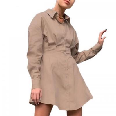 China Cotton Breathable High Waist Casual Warm Shirt Dress Khaki Long Sleeve Long Wear Clothes for sale