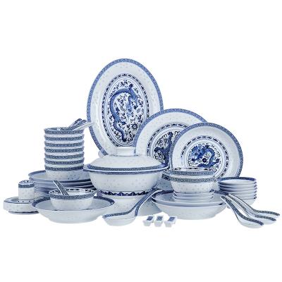 China Linglong Blue and White Porcelain Household Gift Stocked 56 Piece Ceramic Bowl and Underlay Dish Dinnerware Set for sale