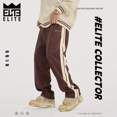 China Other ELITE Waist Plain Mens Pants Suede Drawstring Elastic Track Pants Side Stripe Embroidered Jogger Mens Casual Loose Trousers for sale