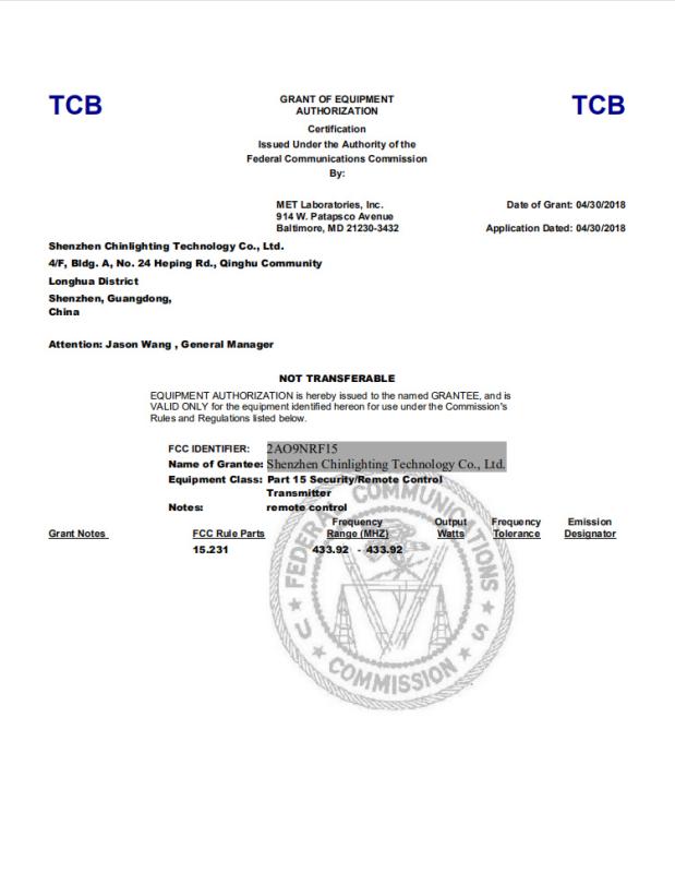 FCC - Shenzhen Chinlighting Technology Co., Ltd.