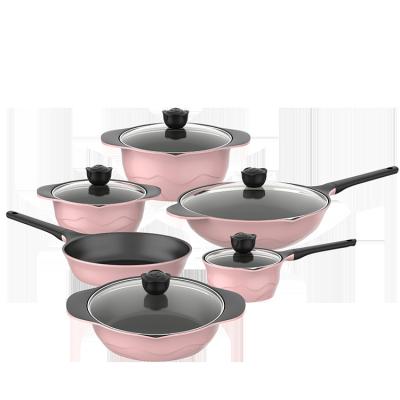 China Peony Non Viable Series Aluminum Die Casting Pot Tencere Seti Stick Cookware Set for sale