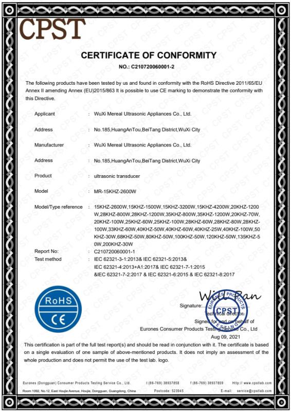 CE - Wuxi Mereal Ultrasonic Electrical Appliances Co., Ltd.