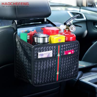 China Guagnzhou Facotry Multifuntional Universal Foldable Car Trash Can Garbage Basket Weave PU Leather and Oxford Clothes Car for sale