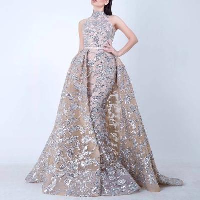 China The 2112 Charming Anti-Static Evening Dresses Sleeveless A Line Gold Sequin Halter Prom Dresses Party Evening Dress for sale