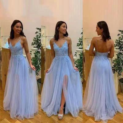 China Fashion Dusty Blue Evening Dresses Beading 2205 Anti-Static Spaghetti Straps Even Dresses Bridesmaid Formal Dress for sale