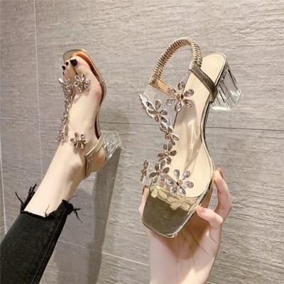 China Fashion trend summer sandals with faux flower stone women 2022 clear block heels for women for sale