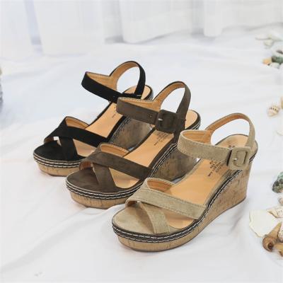 China Fashion trend china wholesale microfiber cross strap women wedge sandals 2022 cork wedge sandal for sale