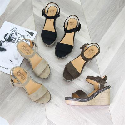 China Fashion Design Trend Design Akle Buckle Microfiber Upper Women's Wedge Heel Sandals for sale