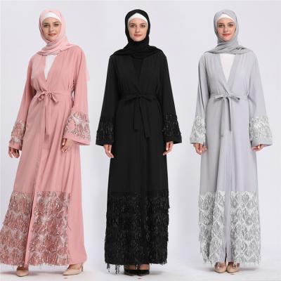 China GHX4670 Polyester Fashion Women Middle East Dubai Muslim Abaya Robes Long Cardigan Sequined Long Kimono Robes for sale