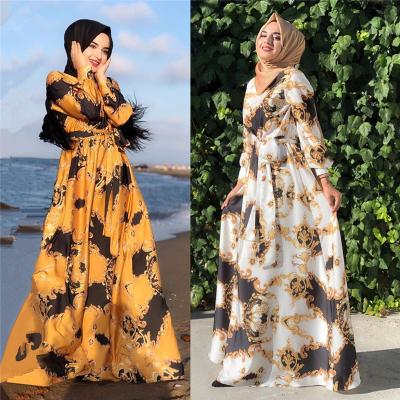 China GHX4652 Polyester Dubai Turkey Islam Women Clothing Fashion Satin Printed Long Sleeve Muslim Maxi Dress for sale