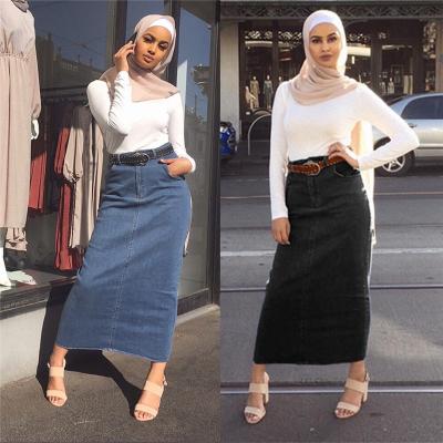 China Wholesale Dubai Islamic Stretch Polyester GHX4631 Fashion Denim Straight Skirt Long For Women for sale