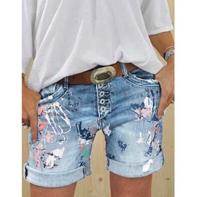 China plus size 2021 women's Anti-wrinkle DYY0219 summer new plus size denim shorts washed printed jeans for sale