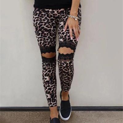 China GZC2098 2021 Women Breathable Lace Up Ripped Pants Splicing Casual Skinny Gaiters Pants for sale