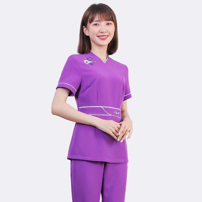 China Modern hot sale women purple comfortable blouse pants suits workwear uniform beauty salon for sale