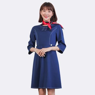 China Modern beauty uniform, comfortable, breathable, navy blue gown with silk scarf, beauty salon uniform for sale