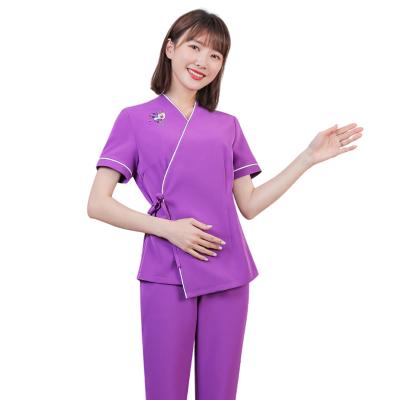 China Modern Chinese Style Pattern Embroidery Blouse Pants Suit Beauty Salon Beauty Agency Purple Short Sleeve Uniform for sale