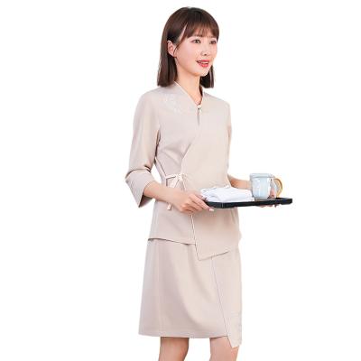 China Modern Wholesale Beige Half Sleeve Tops And Skirts Beauty Salon Beauty Agency Set Uniform for sale