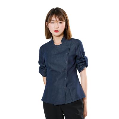 China Modern wholesale denim trumpet uniform waiter supplying slim ladies uniform sleeve top casual top for sale