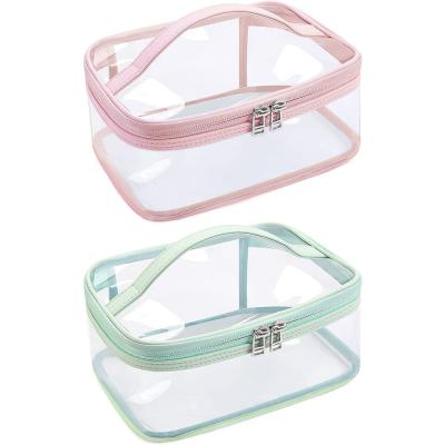 China Durable/Recyclable/Folding Clear Design Makeup Bag Unique Eco-friendly High Quality Nylon PVC Material Transparent Cosmetics With Handle for sale