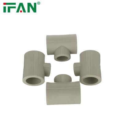 China PPR IFAN Resistance Gray Color 20-110mm PPR Tee High Temperature PPR Equal Elbow Plumbing Fittings for sale