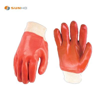 China Construction Safety Hand Gloves Comfortable PPE Gloves Red PVC KNIT WRIST for sale