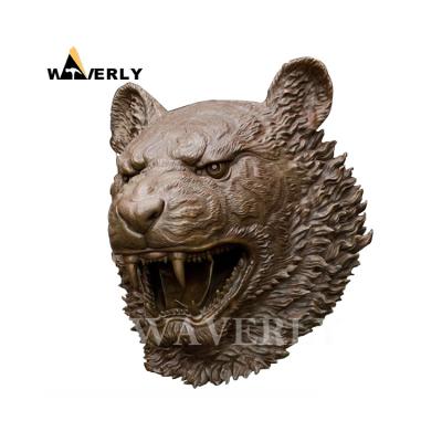 China Brass Bronze Tiger Head Wall Art Metal Modern Home Animal Head Statue Wall Europe Decor Sculpture for sale