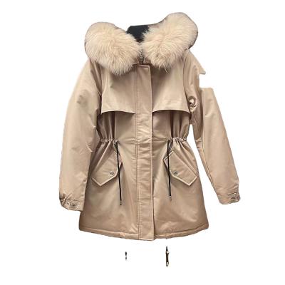 China 2021 hot waterproof family of P Parker hooded medium and long detachable collar fox fur and thin European and American women's down jacket for sale