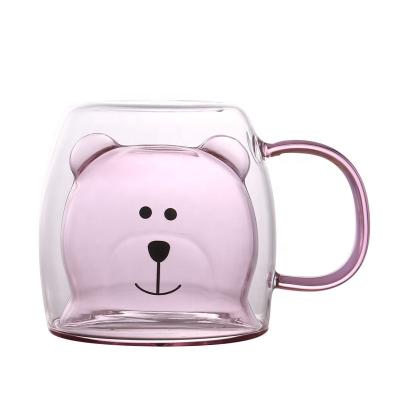 China Sustainable Cute Bear 250ml Glass Double Wall Insulated Glass Mug With Handle For Espresso Coffee Tea Milk for sale