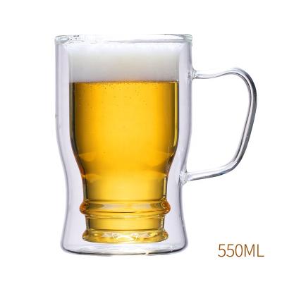 China New Modern Design 350ml 550ml Insulating Double Wall Beer Glass Upside Down Mug With Handle for sale