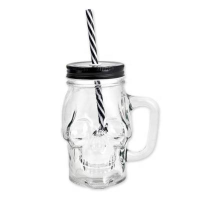 China Canned Food Clear 12oz Skull Mason Jar Glasses With Reusable Straws for sale