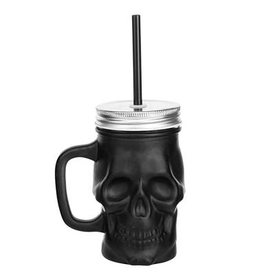 China Canned Food 450ml Matte Black Glass Skull-Shaped Drink Mug with Jar Lid and Straw for sale