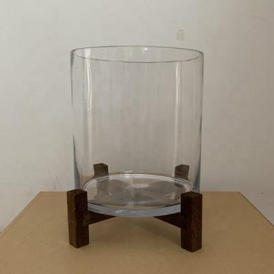 China CLASSIC high quality decorative cylinder glass vase centerpiece on wooden stand for home decoration, garden use for sale