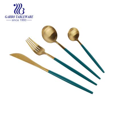 China Portugal Style Disposable Wedding Stainless Steel Dinnerware Cutlery Set With Gold Head And Green Paint Handle for sale