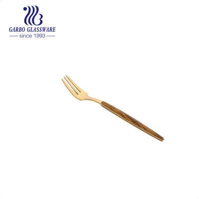 China 18/10 Stainless Steel Disposable Cutlery Gold Tea Fork Fruit Cake Fork With ABS Wooden Printing Handle for sale