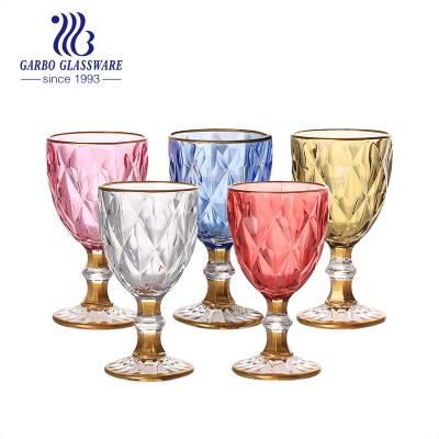 China KOREAN Gold Diamond 300ml Solid Spray Color Etched Stemware Mug Glass Color With Gold Rim Wine Goblet for sale