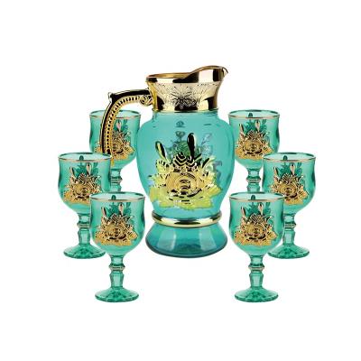 China Contemporary 7PCS Sets Gold Plating Glass Drawer Water Jug Set In Green Color for sale