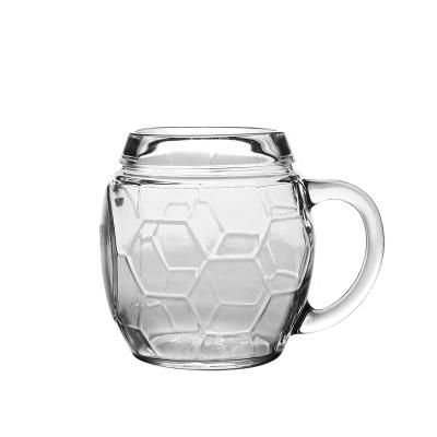 China Sustainable Hot Saling Etched Glass Mug Beer Cup Glass Mug With Football Design for sale