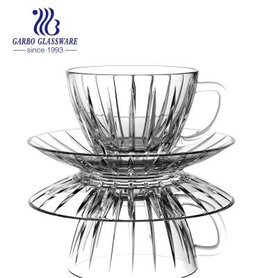 China Sustainable Popular Glass Coffe Set Mini Diamond Tea Set Glass Teacup Set With Saucer for sale